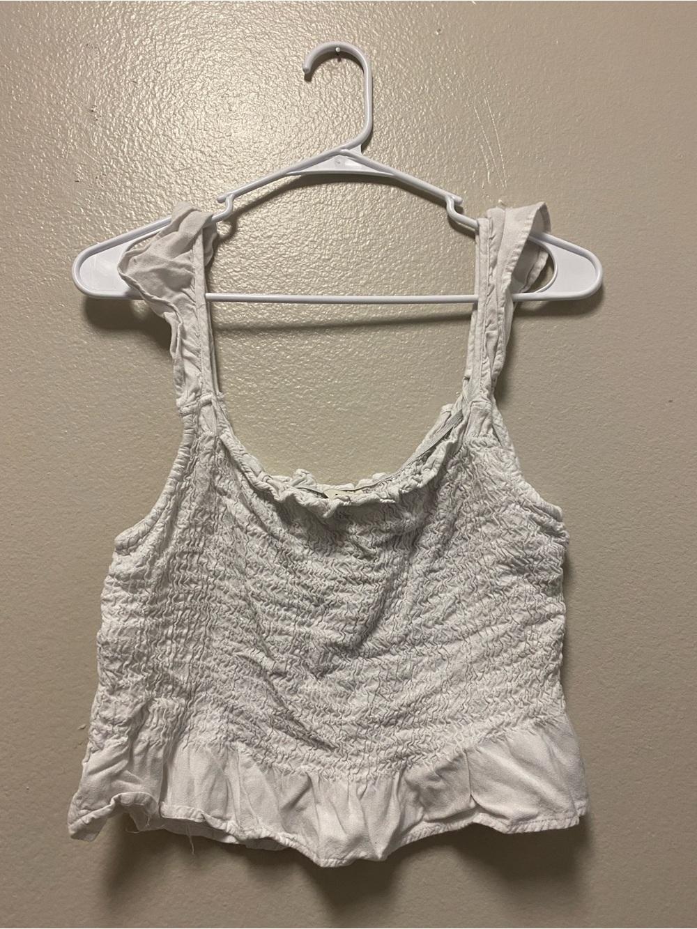 Smocked Ruffle Hem Crop Tank — White